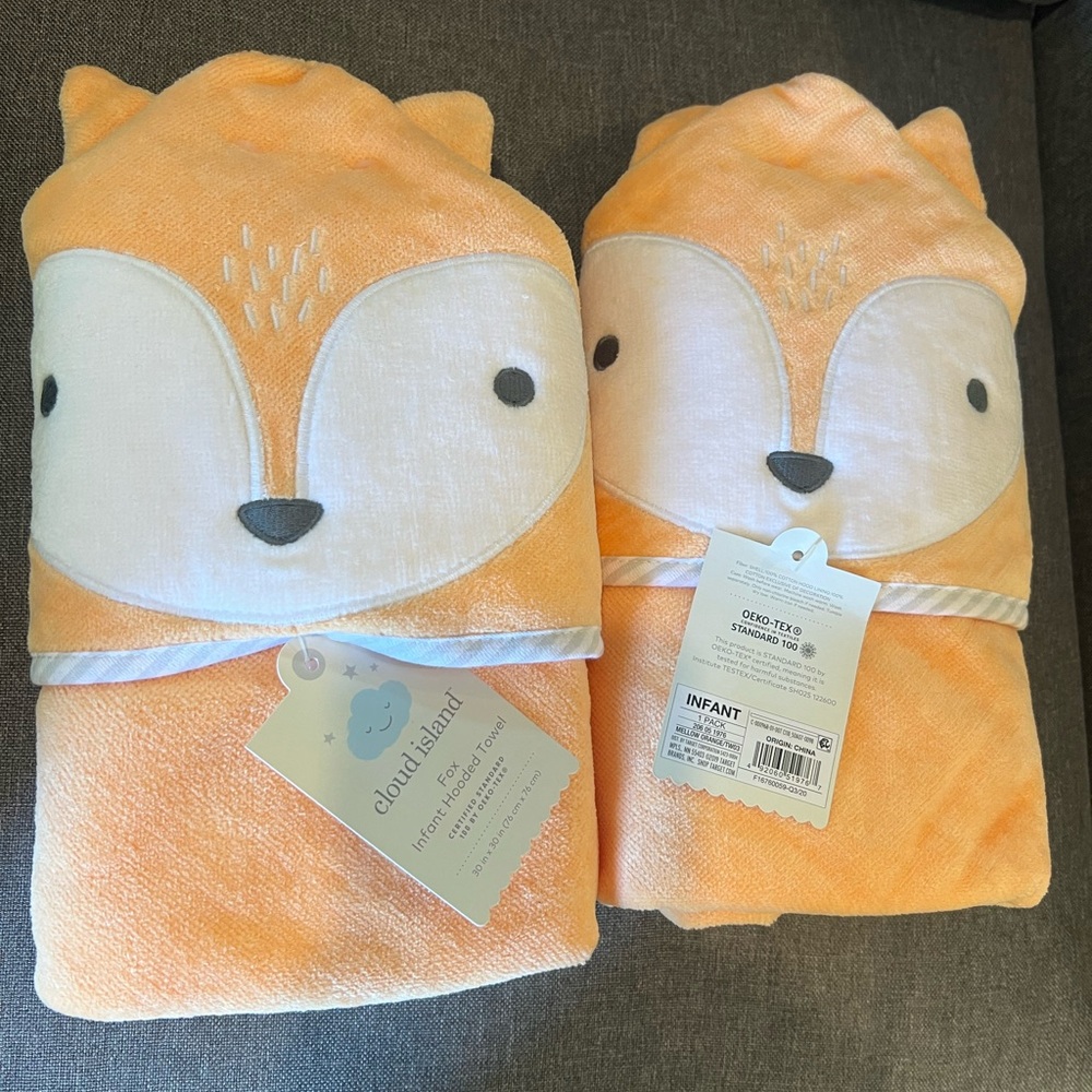 NEW 2x Orange Fox Hooded Baby bath Towels - SPRING